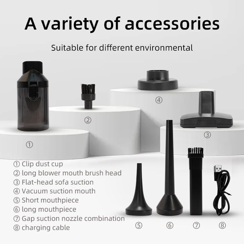 Handheld Vacuum Cleaner Cordless, Desk Vacuum Cleaner Compressed Electric Air Duster 15000Pa Suction, 4-in-1 Portable Vortex Vacuum Dust Air Blower for Computer, Keyboard,Car,Balloon,Black