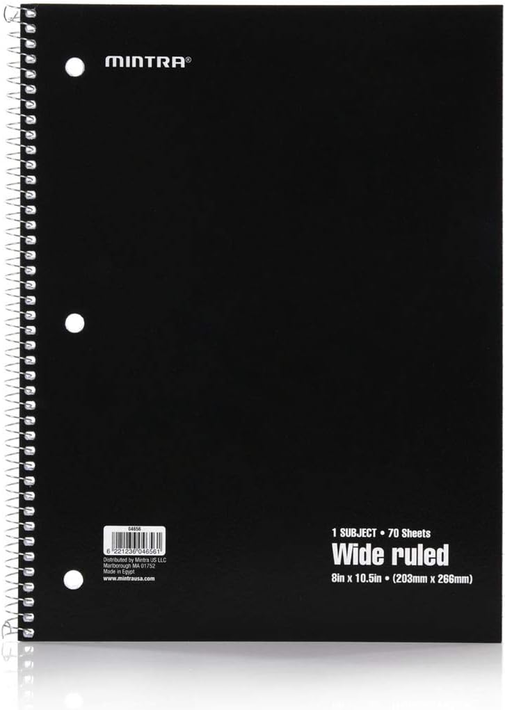 Mintra Office Spiral Notebooks - 1 Subject, 70 Sheets, WIDE Ruled, 8in x 10in, Bulk Pack, Primary Color Covers, Set of 6 - for School, Office, Business, Professional (04656)