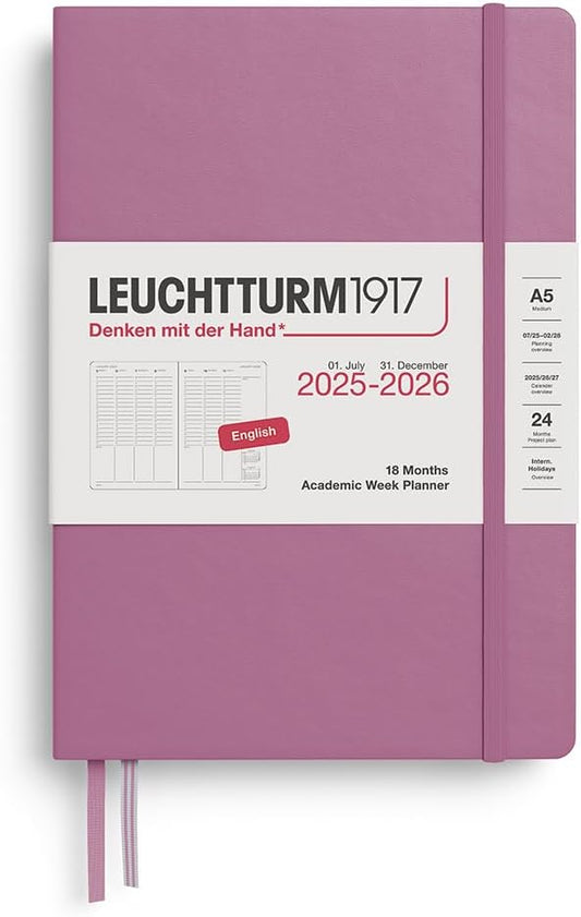LEUCHTTURM1917 - Academic Week Planner Hardcover Medium (A5), 18-month, Jul. 2025 - Dec. 2026, English, Dusty Rose