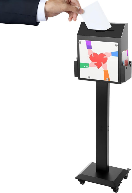 POPMOON Suggestion Box with Stand,Floor- Standing Offering Box with Sign Display,Upgraded Heavy Duty Metal Ballot Box with Slot and Lock,Locking Casters for Voting Charity Donation Election,Church
