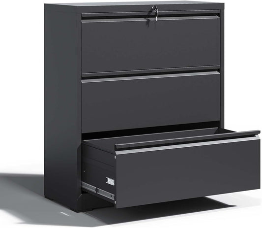 Locking Filing Cabinet with 3 Drawer Heavy Duty Large Metal Cabinet Home Office Black Lateral File Cabinets Wide Steel Cabinets for Legal/Letter Size File,Assembly Required