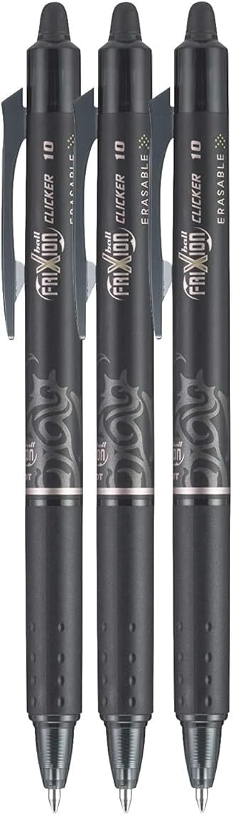 FriXion Clicker Retractable Erasable Gel Pen, Black, Bold Point, 3-pk; Bundle with Plastic Reusable Pouch