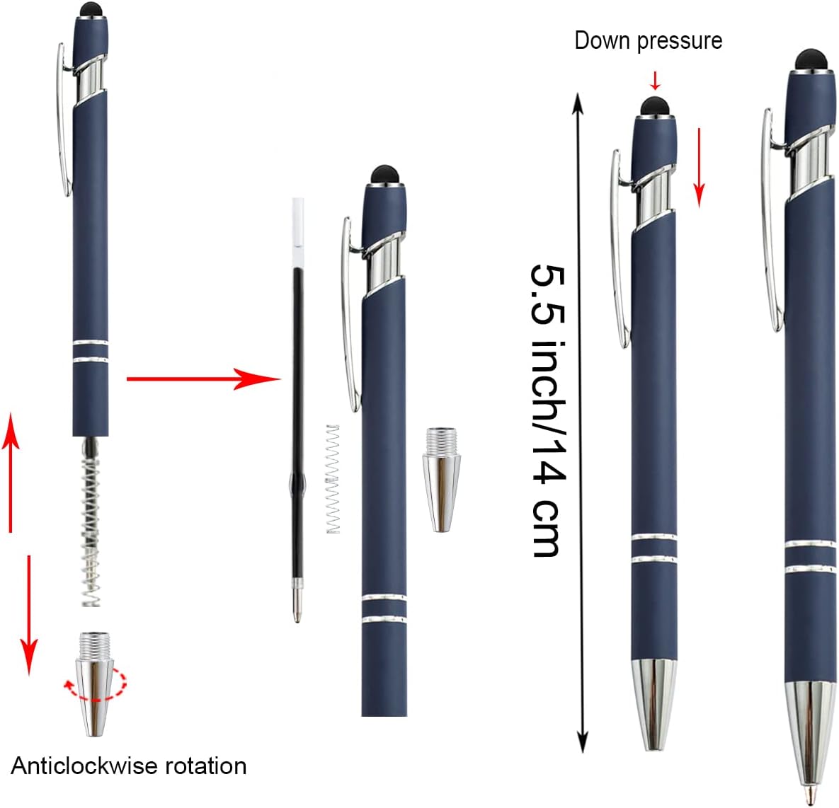 PASISIBICK 12 Pieces Blue Ballpoint Pen with Stylus Tip, 2 in 1 Stylus Stylish Pen, Premium Metal Stylus Pen for Touch Screens, Black Ink, 1.0 mm Medium Point.(12 PCS Blue)
