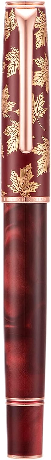 Hongdian N8 Red Acrylic Fountain Pen, Long Blade Fine Nib Rose Gold Trim Maple Leaves Carving Cap, Smooth Writing Pen with Converter and Metal Pen Box Set