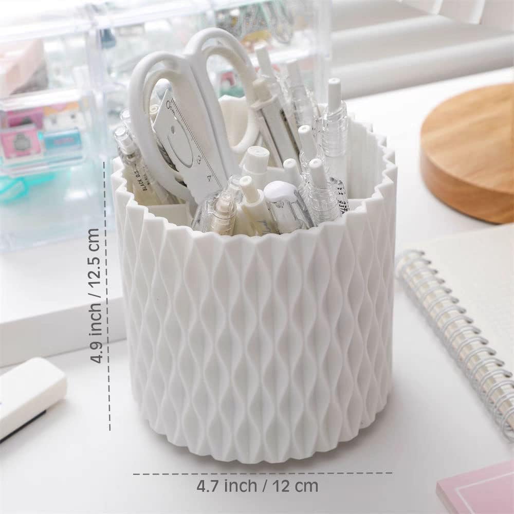 OWLFAVO Rotate Desk Organizer, Spinning Pen Holder Stationery, 360-Degree Pencil Accessories Storage Caddy Tray for College, Home, Office, Makeup Brush, 5 Compartments, White