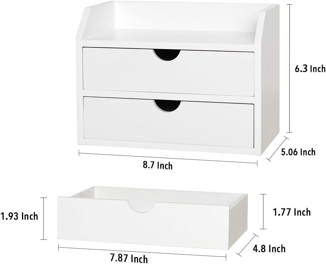 ROSE BLOOM White Wood Desk Organizer with 2 Drawer, Mini Cute Cabinet with Storage Shelf for Tabletop, Small Desktop Box Organizer for Cosmetic Office Supplies