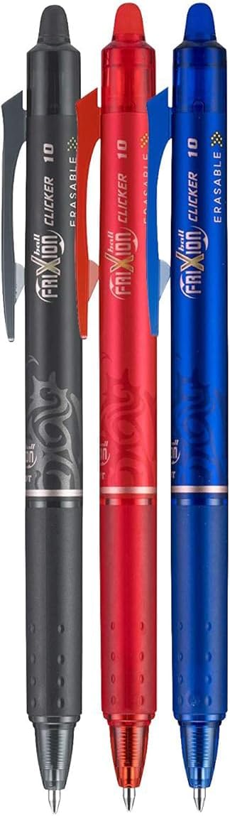 FriXion Clicker Retractable Erasable Gel Pen, Black/Blue/Red Bold Point, 3-pk; Bundle with Plastic Reusable Pouch