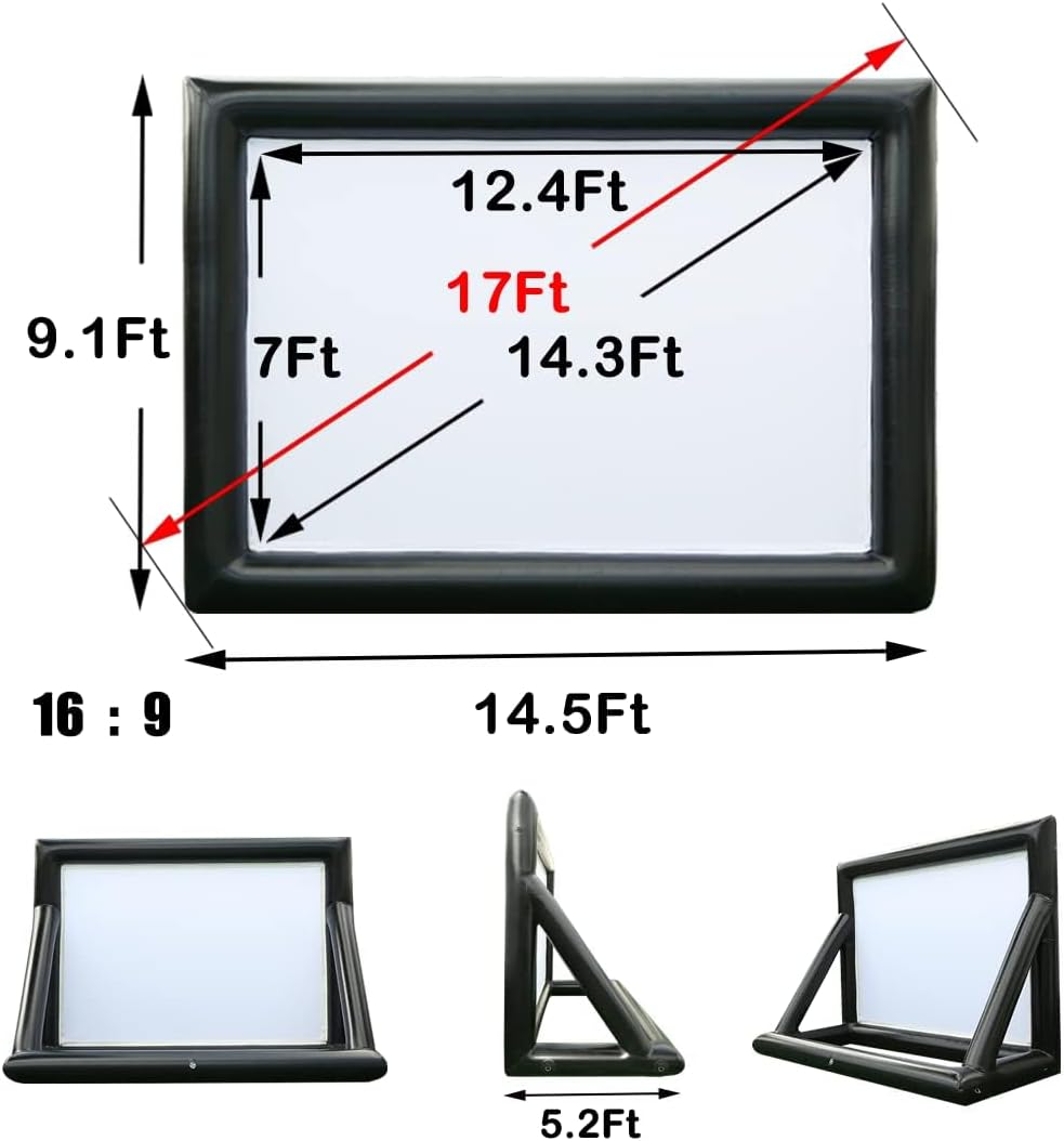 17ft Airtight PVC Outdoor Projector Movie Screen with Stand Floating Inflatable Screen Supports Front and Rear Projection，No Need to Keep Inflating