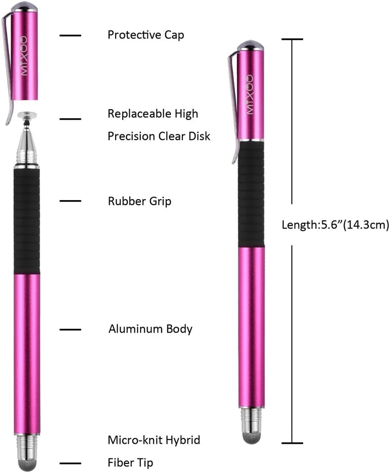 Mixoo 2-in-1 Precision Disc & Fiber Stylus with 3 Replaceable Tips for Capacitive Touch Screen Devices (Purple)