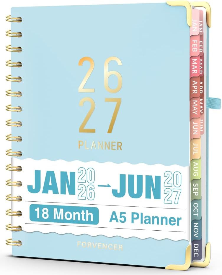 Forvencer Planner 2026-2027, 18 Month Weekly and Monthly Calendar Planner, Jan 2026 -June 2027, 6.3" x 8.4", Daily Agenda Book with Tabs, College Organizer Notebook, School Supplies for Student Teacher Classroom, A5, Blue