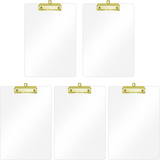 Honagu Acrylic Clear Clipboards, Transparent Plastic Clipboard with Gold Strong Clip Hidden Hanging Hole, A4 Letter Size Clipboards for Nurses, Art Student, Teachers,School & Office Supplies, 5PC