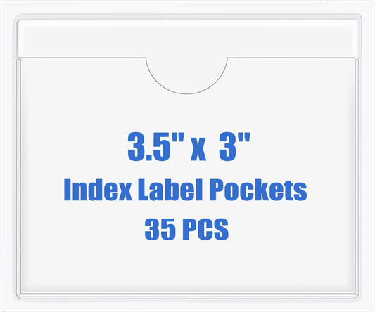 Origin-Joy 35 PCS Self Adhesive Index Card Pockets with Top Open, Clear Plastic Label Holder for Cards of Note, Library and Business, Adhesive Label Pockets & Card Holder (3.5 x 3 inch)