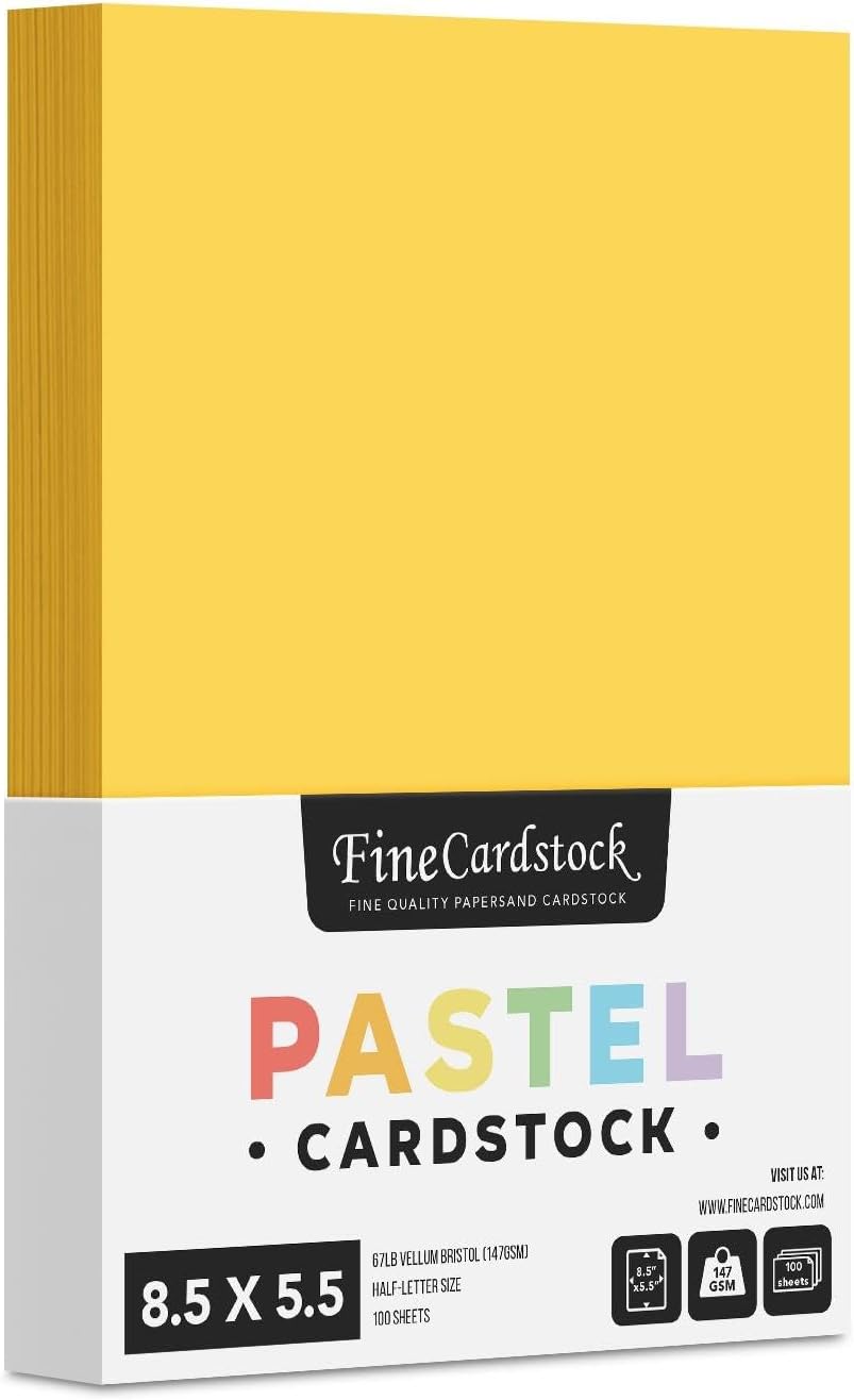 Half Letter Size, 8.5" x 5.5" Pastel Color Cardstock Paper for Arts and Crafts, Scrapbooking, Stationery Printing | Medium Weight 67lb Vellum Bristol (147gsm) Card Stock | 100 per Pack | Goldenrod