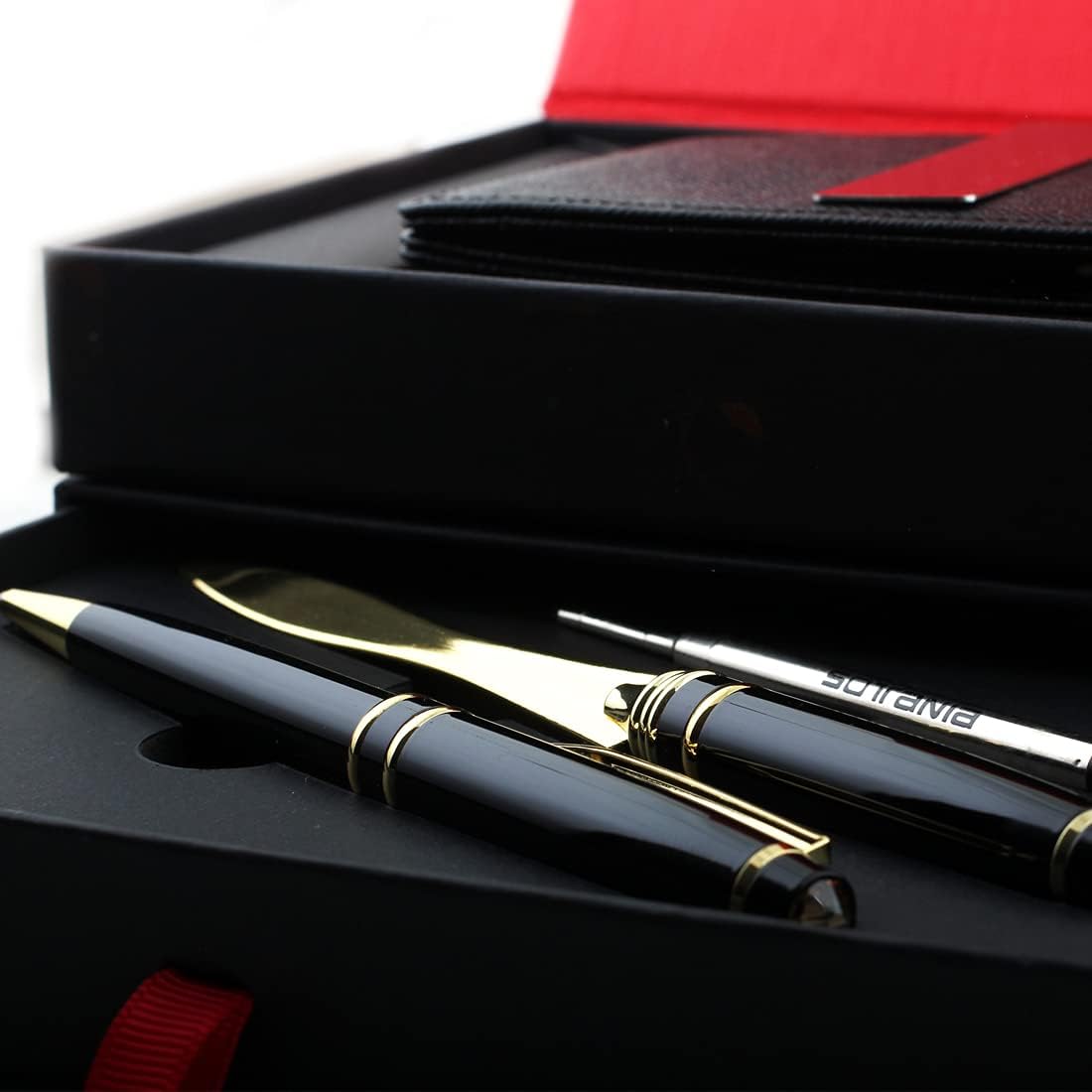 Free engraving - 24K Gold, Mens Leather Money Clips, Roller Ballpen, Ballpoint pen, Ball pen, Groomsmen Gift,Three Lines Each 20 Characters, Free Customization (Silver_Gift_Set)