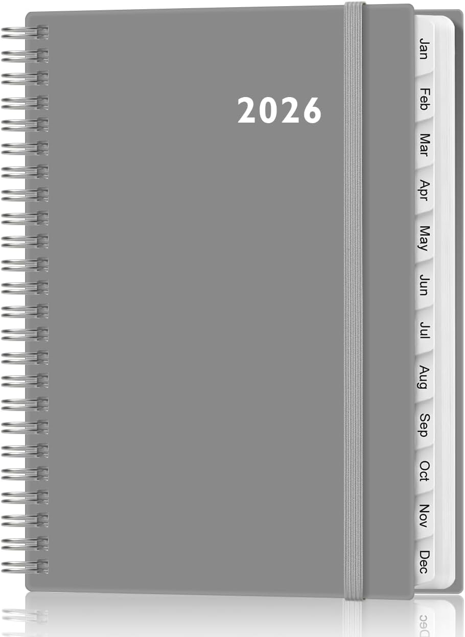 2026 Planner - Weekly and Monthly Calendar Planner from Jan 2026 - Dec 2026, Planner 2026 Spiral Bound with 12 Monthly Tabs, Inner Pocket, Perfect for School Office Supplies, 6.4" x 8.5", Grey-C