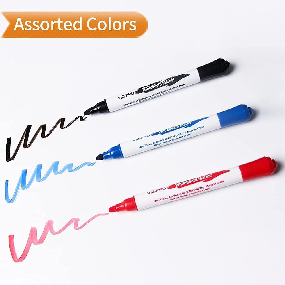 VIZ-PRO Dry Erase Markers Fine Bullet Tip, 3 Assorted Colors, 144 Pcs Low-Odor Whiteboard Pens