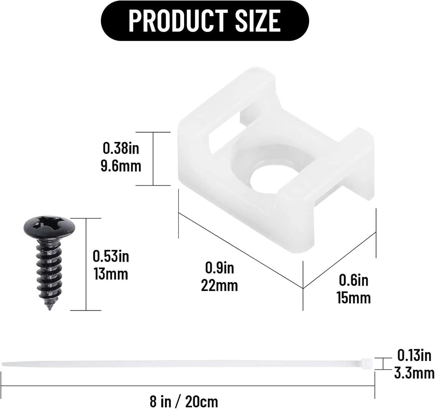 100Pcs Cable Zip Tie Mounts Kit, 0.9in Plastic Zip Ties with Screw Hole, White Zip Tie Anchors, Sturdy Zip Tie Mounting Squares Base with Tapping Screw for Wire Organizer (White, 0.9 inch)