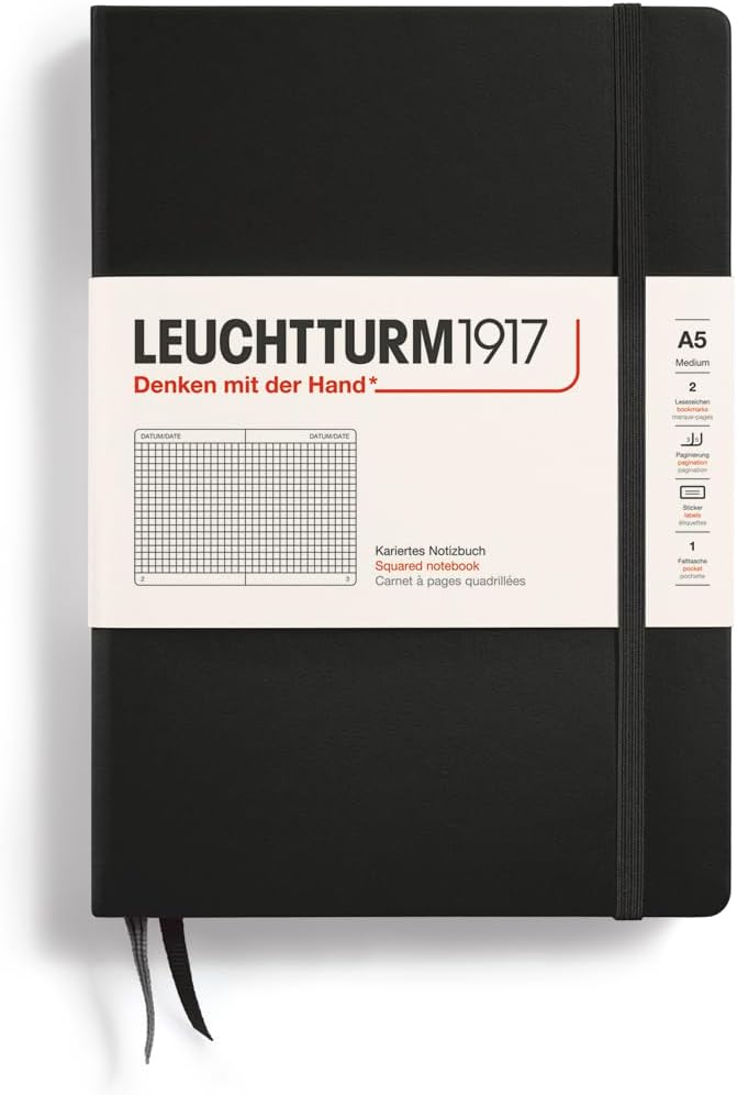 LEUCHTTURM1917 - Notebook Hardcover Medium A5-251 Numbered Pages for Writing and Journaling (Black, Squared)