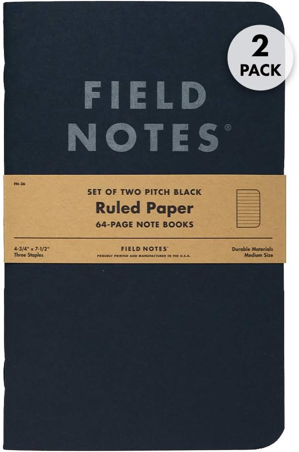 Field Notes 2-Pack Pitch Black Notebooks (4.75" X 7.5"), Ruled, 64 Pages | Thin Pocket Sized EDC Notebook With 90 GSM Paper & Paperback Cover | Work Notebooks For Note Taking | Made in the USA