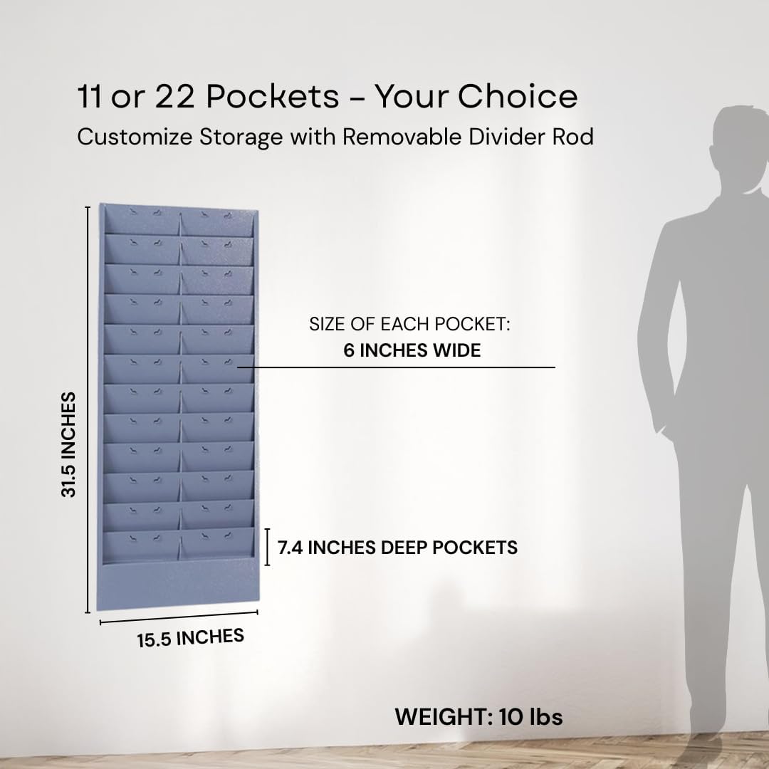 Wall Mount File Organizer, Metal Job Ticket Holder with 11/22 Adjustable Pockets, Durable & Versatile Hanging Wall Organizer for Office & Home - Grayblue