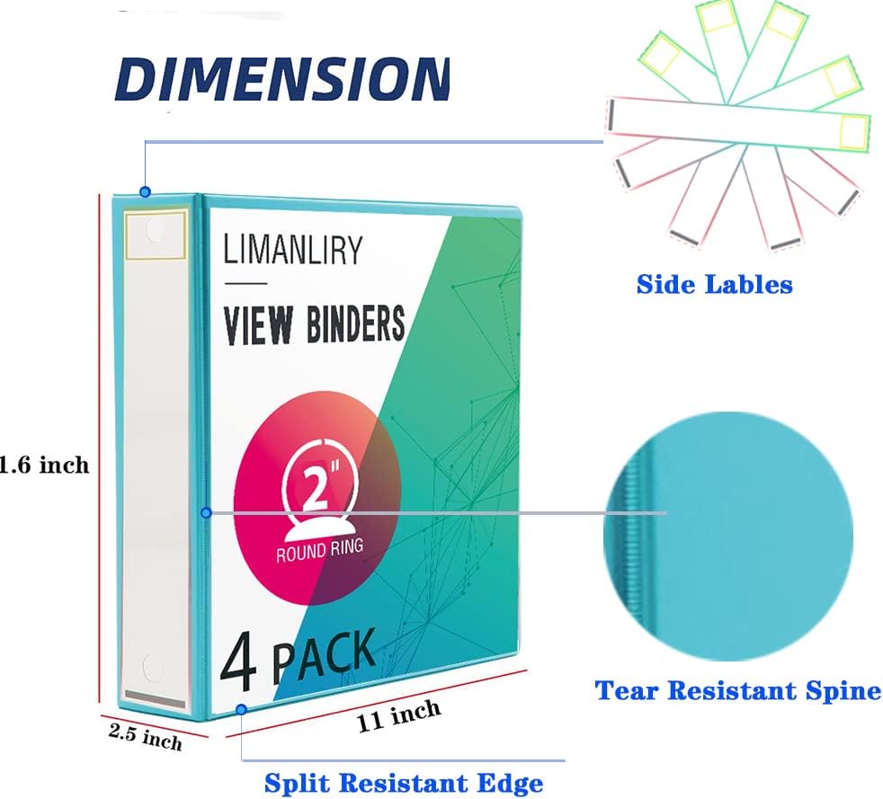 2 Inch Binders, Round 2" 3 Ring Binder, Customizable View Binder with Pockets, Assorted Colors, 4 Pack
