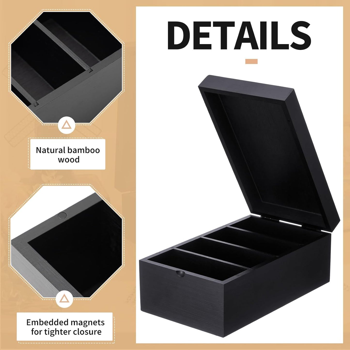 Henoyso 3 x 5 Inch Index Card Holder Set, Bamboo Recipe Box Organizer Index Cards Organizer, 50 Pcs Dividers 2 Sheets Alphabet Number Stickers File Note Holders for Office Business Home Kitchen, Black