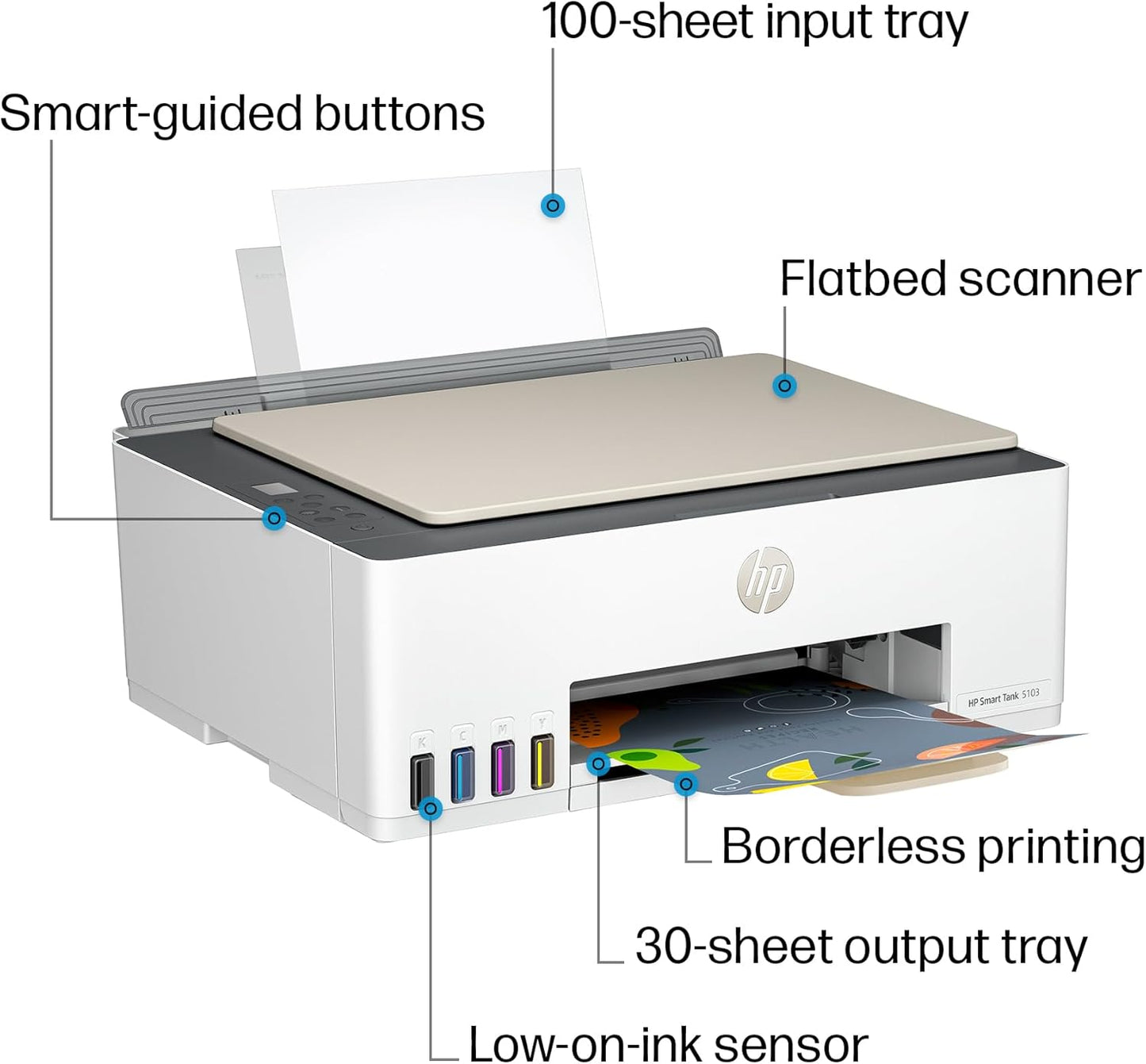 HP Smart Tank 5103 Wireless All-in-One Refillable Ink Tank Printer, Scanner, Copier with 2 Years of Ink and 100 Sheets of Photo Paper Included, Best for Home (5D1B2A)