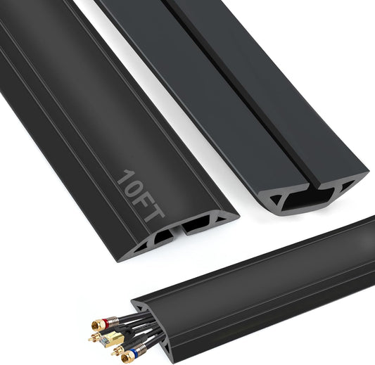 10 ft Cord Covers for Wires on Floor, Heavy Duty PVC Duct Floor Cord Cover, Floor Cable Cover Easy to Unroll Prevent Trip Hazard for Home Office or Outdoor Settings (Black)