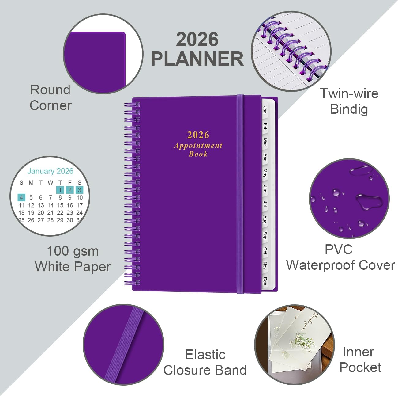 2026 Appointment Book & Planner - 2026 Daily Hourly Planner from January 2026 - December 2026, Weekly Appointment Book with 30-Minute Interval, Medium 6.4" x 8.5", Purple-B