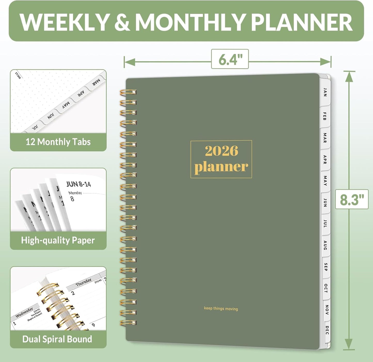 SUNEE Planner 2026 Weekly and Monthly, January 2026-December 2026, 6.4"x8.3", Tabs, Note Pages,Spiral Binding, Sage Green
