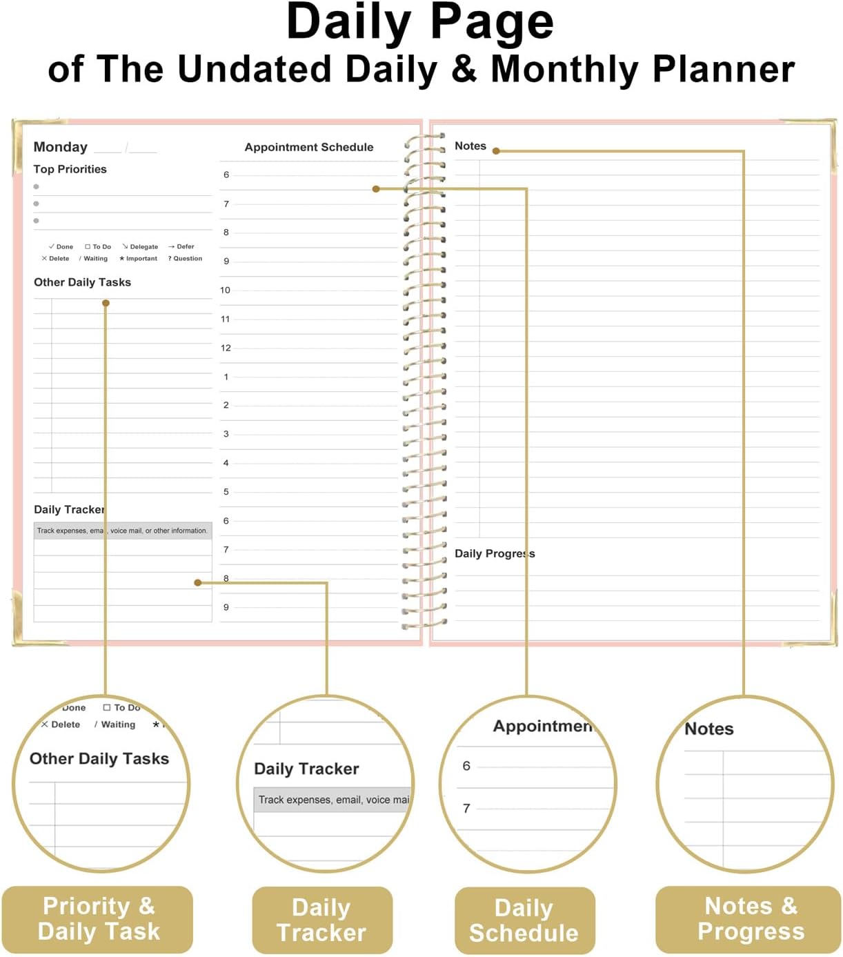Undated Daily Monthly Planner for 2025 2026 - A4 To Do List with Hourly Schedule, Hardcover Spiral Bound Daily Planner to Increase Focus, Stylish School/Office Supplies, 8.5" x 11", Pink