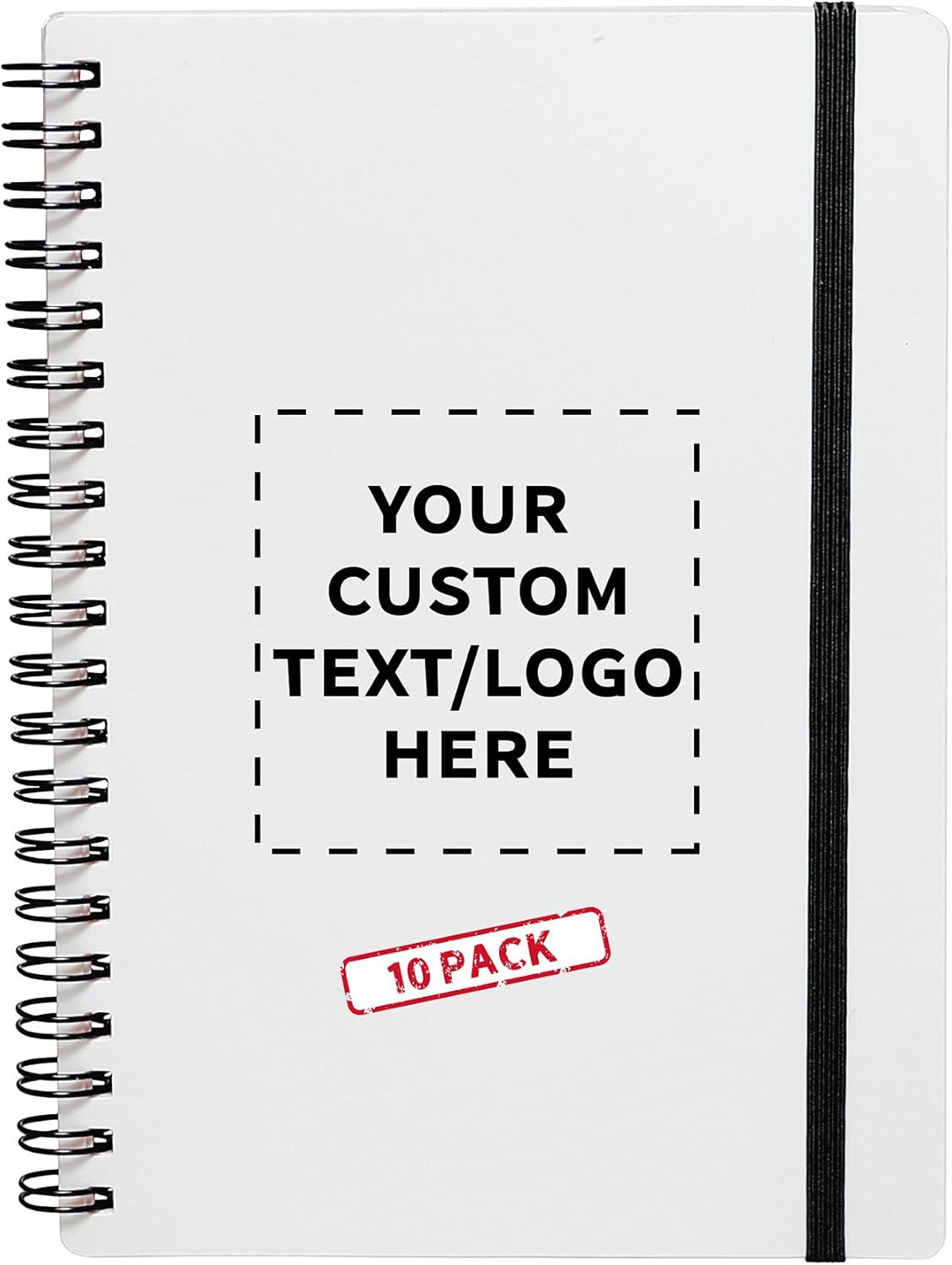 10 White Spiral Notebooks with Elastic Band Pack - Customizable Text, Logo - 80 lined pages, Recycled - Black