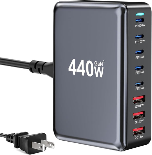 440W Fast USB C GAN Charger Block 8 Port Charging Station HUB Brick Dual PD PPS 100W Wall Charger Compatible with MacBook Pro/Air/All, iPad, iPhone 17/16/15/14/Pro Max, Android Devices etc