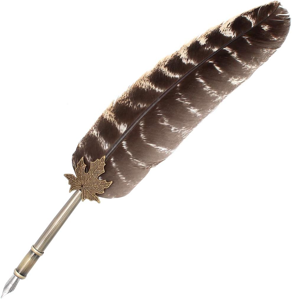 Gullor Quill Handcraft Feather Dip Pen Stem Metal Nib Pen Writing Quill with 5 Extra Nibs, Style E