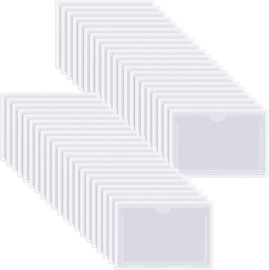 Fainne 240 Pcs Self Adhesive Index Card Pockets with Top Open Clear Plastic Label Holder Bulk for Storage Bins Adhesive Square Index Card Sleeve for Library Office Organizing, 5.12 x 3.74 Inch