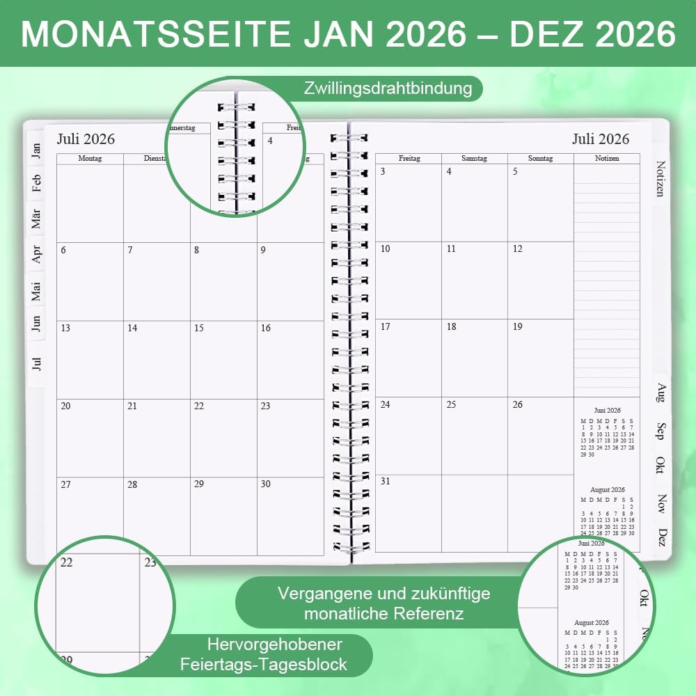 2025-2026 Planner - Monthly Planner Runs July 2025 to June 2026, 6.25" x 8.25", 12 Monthly Tabs, 14 Notes Page, Inner Pocket, Flexible Cover with Twin-Wire Binding, Planners 2025-2026, Green
