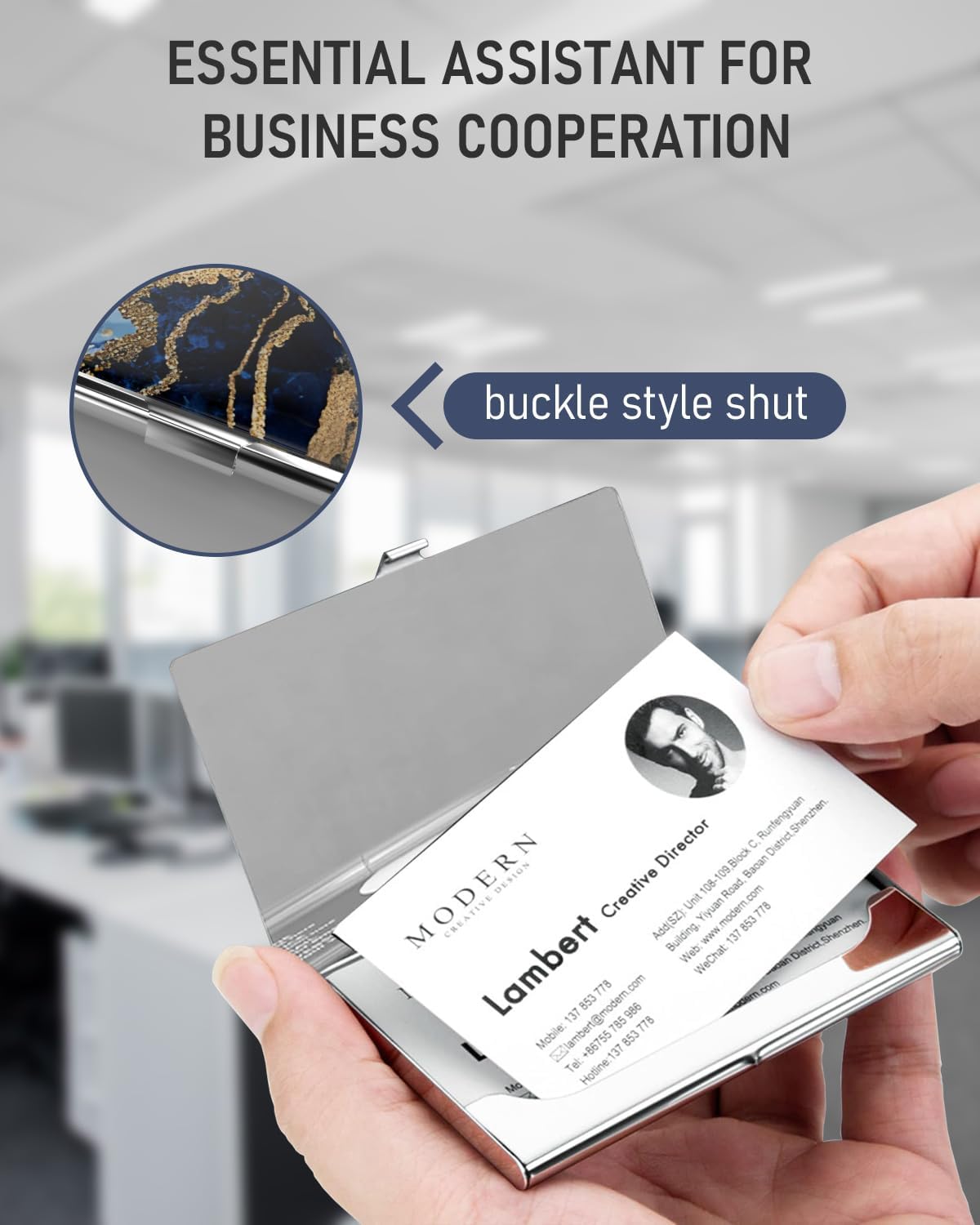 Business Card Metal Slim Organizer, Professional Stainless Steel Square Pocket Wallet for Office Workers, Compact and Portable for Pockets (Gold Black Marble)