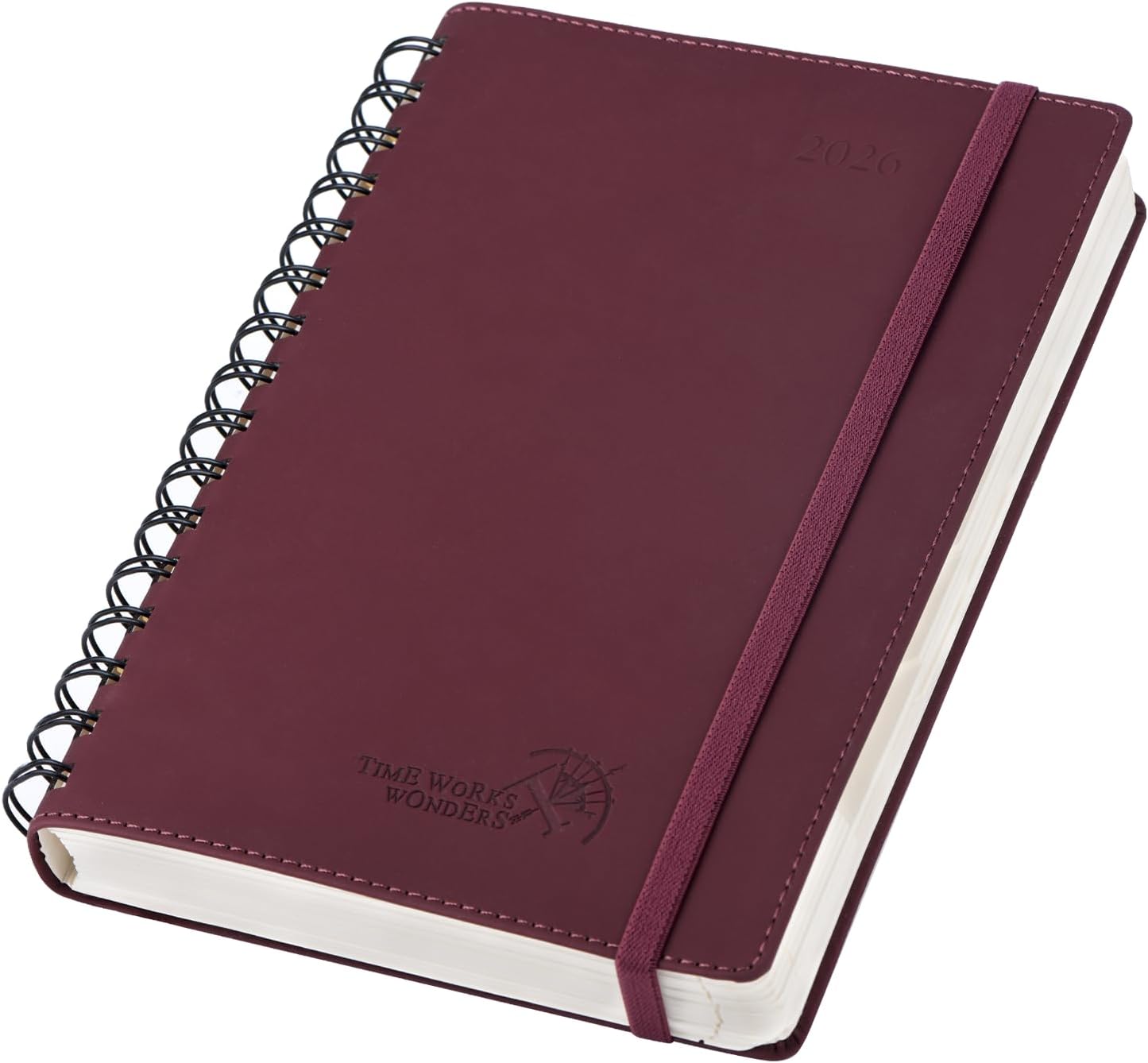 POPRUN 2026 Daily Planner One Page per Day (Medium 6'' x 8.5'') - 12 Months Calendar Appointment Book with Hourly Slots, Inner Pocket, Monthly Tabs, Pen Holder - Claret