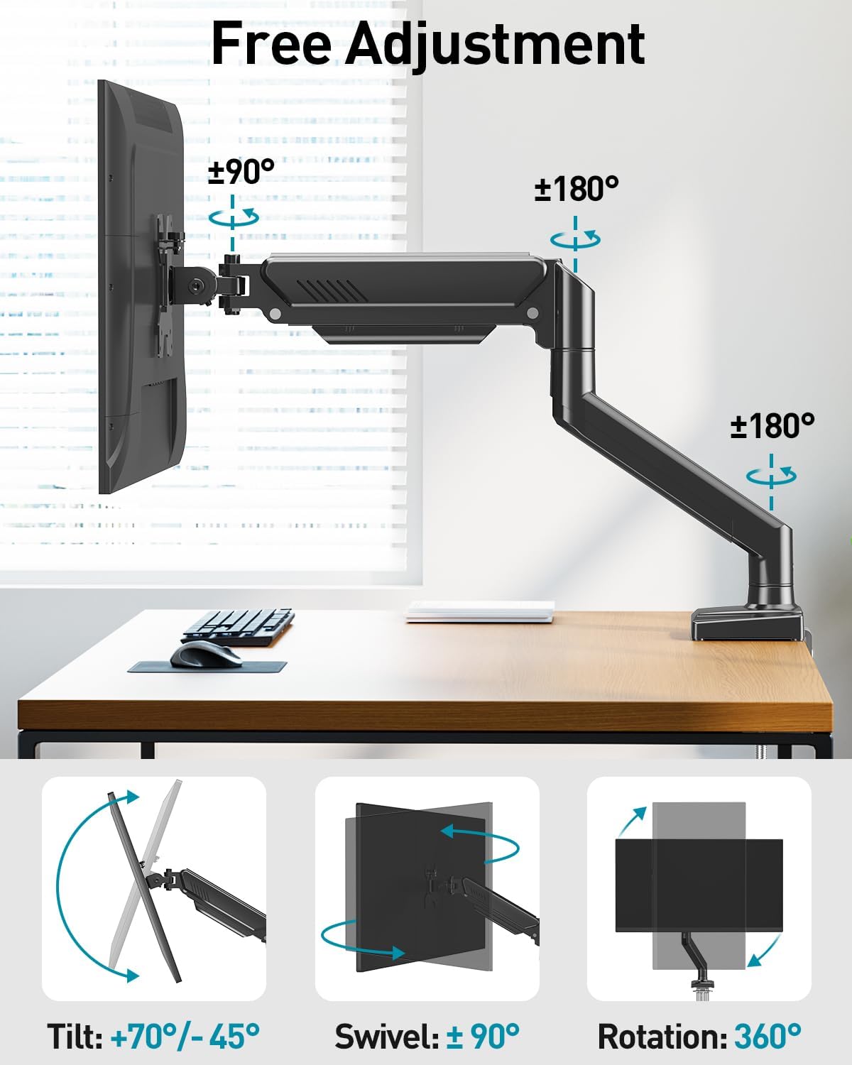 Single Monitor Arm Desk Mount Fits 13 to 32 inch Computer Screens, Holds 4.4 to 22lbs Display VESA Mount, Adjustable Monitor Stand with Clamp/Grommet Mounting Base, 75/100mm Bracket, Black, Freelift