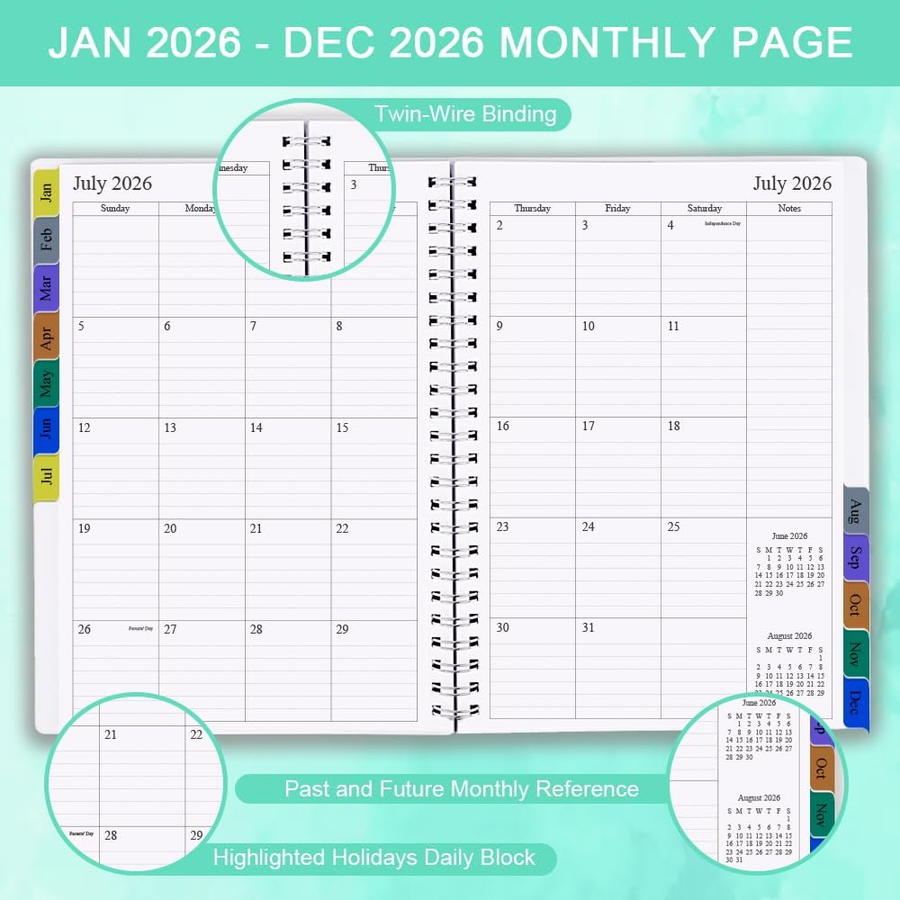2026 Planner - Weekly & Monthly Planner Runs January 2026 to December 2026, 6.25" x 8.25", 12 Monthly Tabs, 14 Notes Pages, Inner Pocket, Flexible Cover with Twin-Wire Binding, Planners 2026