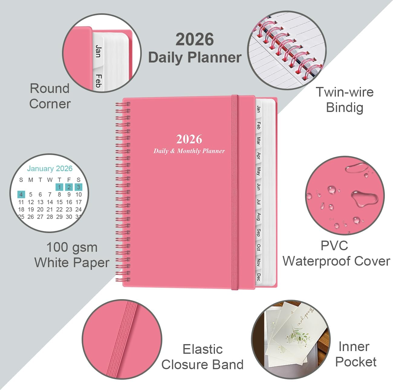 2026 Daily & Monthly Planner - One Page Per Day, Daily Planner from January 2026 - December 2026, Planner 2026 with 12 Monthly Tabs, 8.5" x 11", Pink