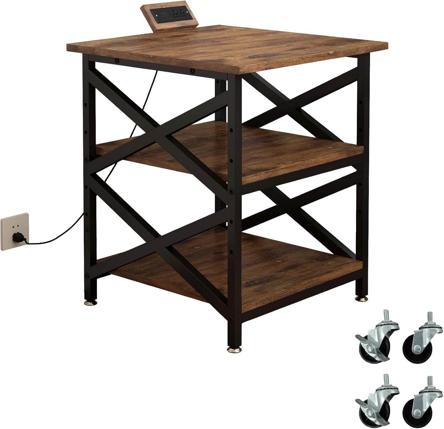 Large Printer Stand with Power Outlet, with Height Adjustable Storage Shelf, 3 Tier Rolling Printer Cart with Industrial Wheels, 23.6 x 23.6 Inches Printer Table for Home Office, Rustic Brown