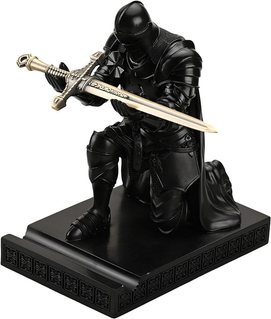 Medieval Armored Warrior Wearing Outerwear, Mobile Phone Stand Knight Pen Holder Desk Organizers, Resin Bookends Paperweight with a Letter Opener for Desk (Black)