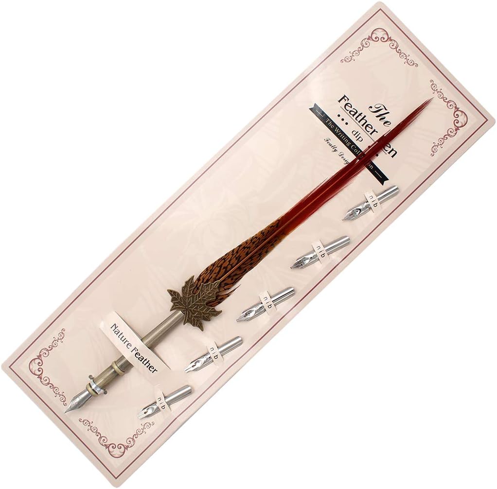 Gullor Quill Handcraft Feather Dip Pen Stem Metal Nib Pen Writing Quill with 5 Extra Nibs, Style A