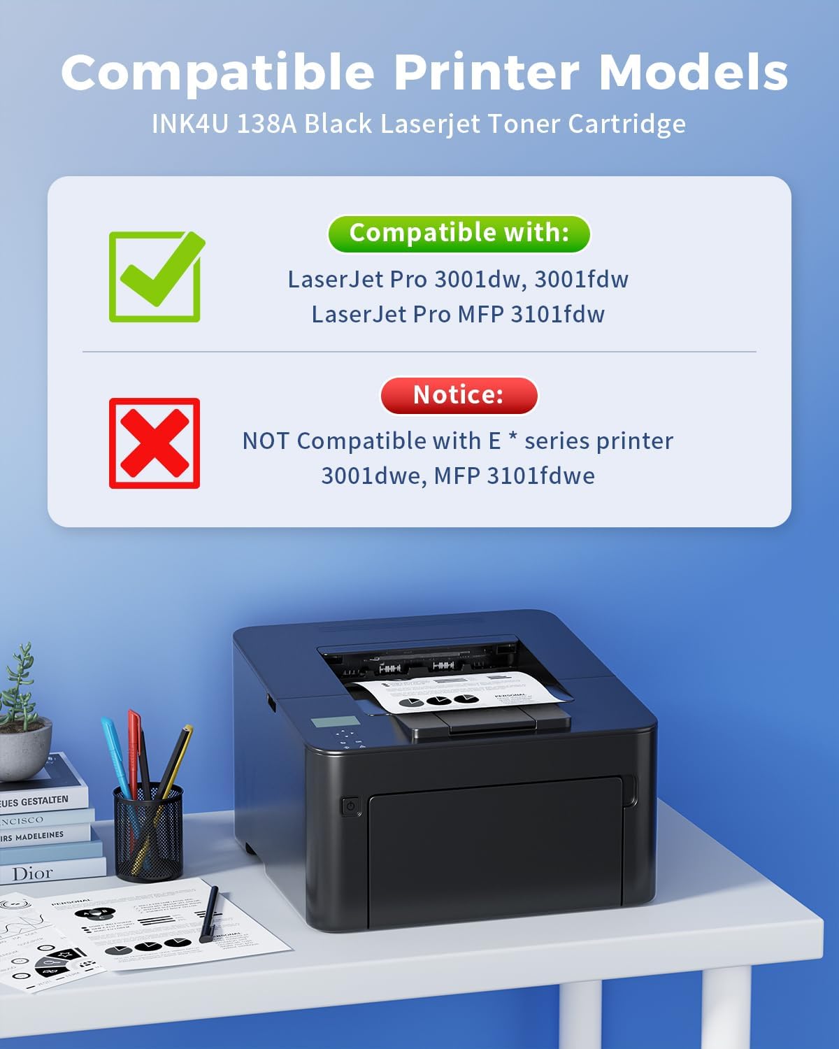 138A Black Laserjet Toner Cartridge Compatible Replacement for HP 138A Black Toner W1380A 138X W1380X to Use with HP Laserjet Pro MFP 3101fdw Toner, Pro 3001dw 3001fdw Printer (2-Pack, with Chip)