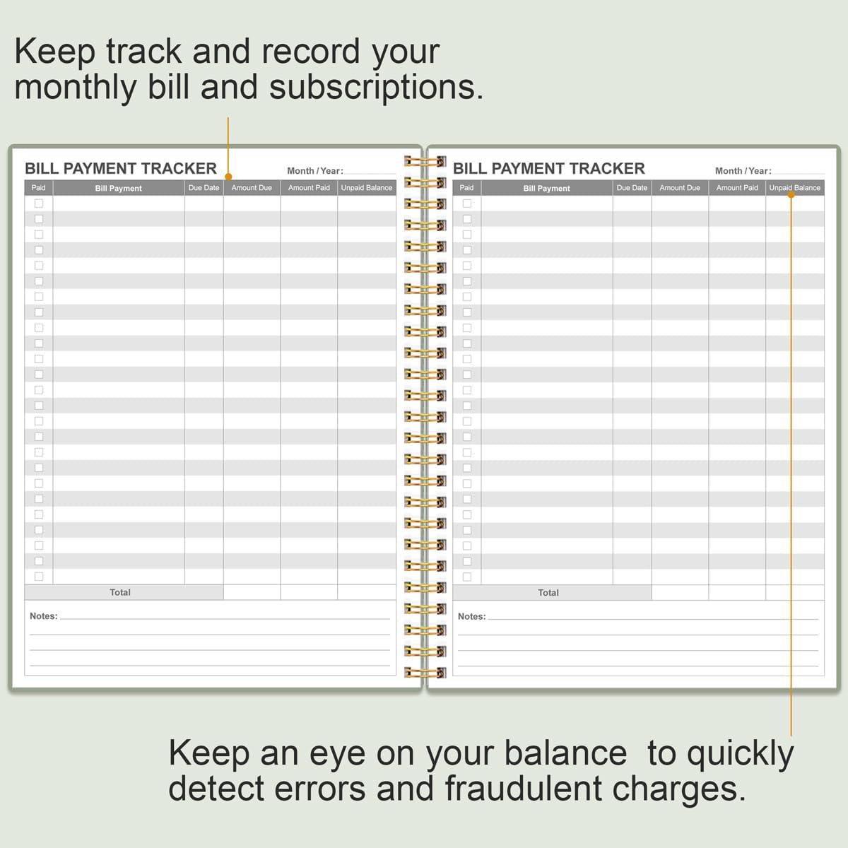 Bill Payment Tracker Notebook - Monthly Bill Organizer & Planner for Personal Budgeting Financial, Payments Checklist Organizer, 8" x 10.5", Green