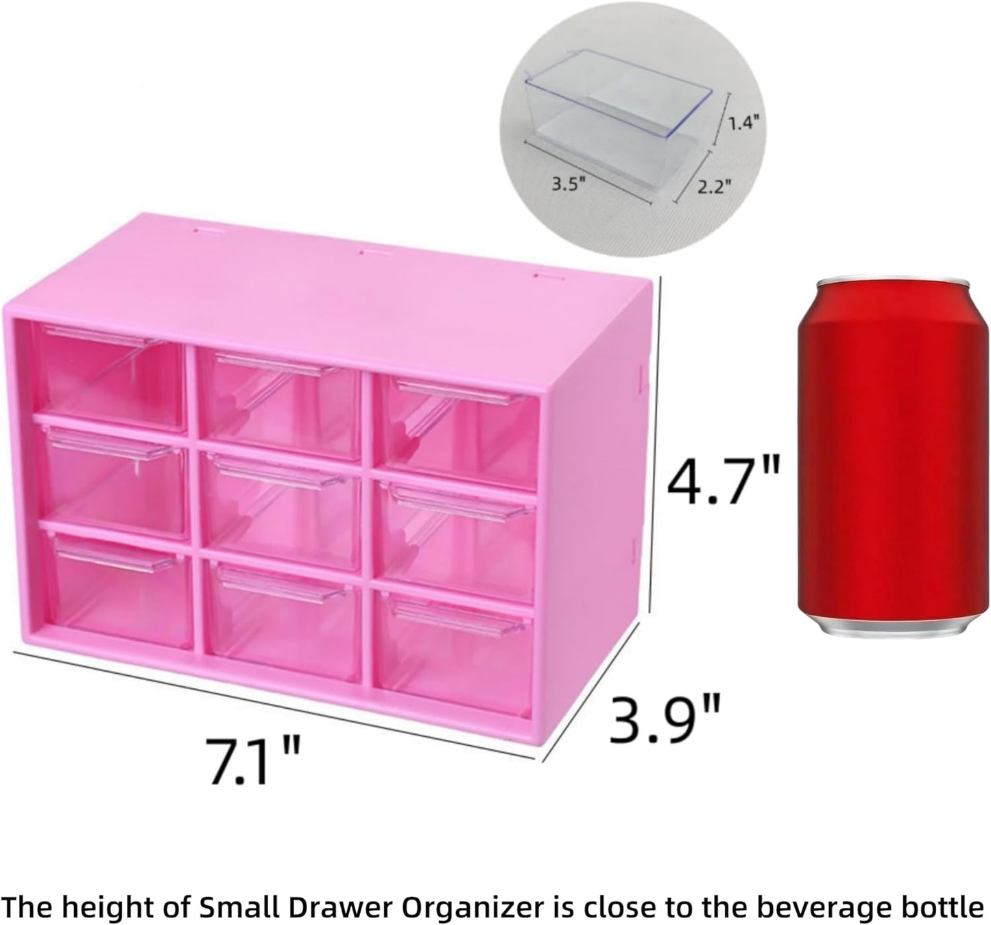 Feadily 4PCS Small Drawer Organizer for Desk, Desktop Drawer Organizer with 9 Clear Drawers, Plastic Desktop Storage Drawers 7.1 Inch x 3 .9 Inch x 4.7 Inch, Rose Red