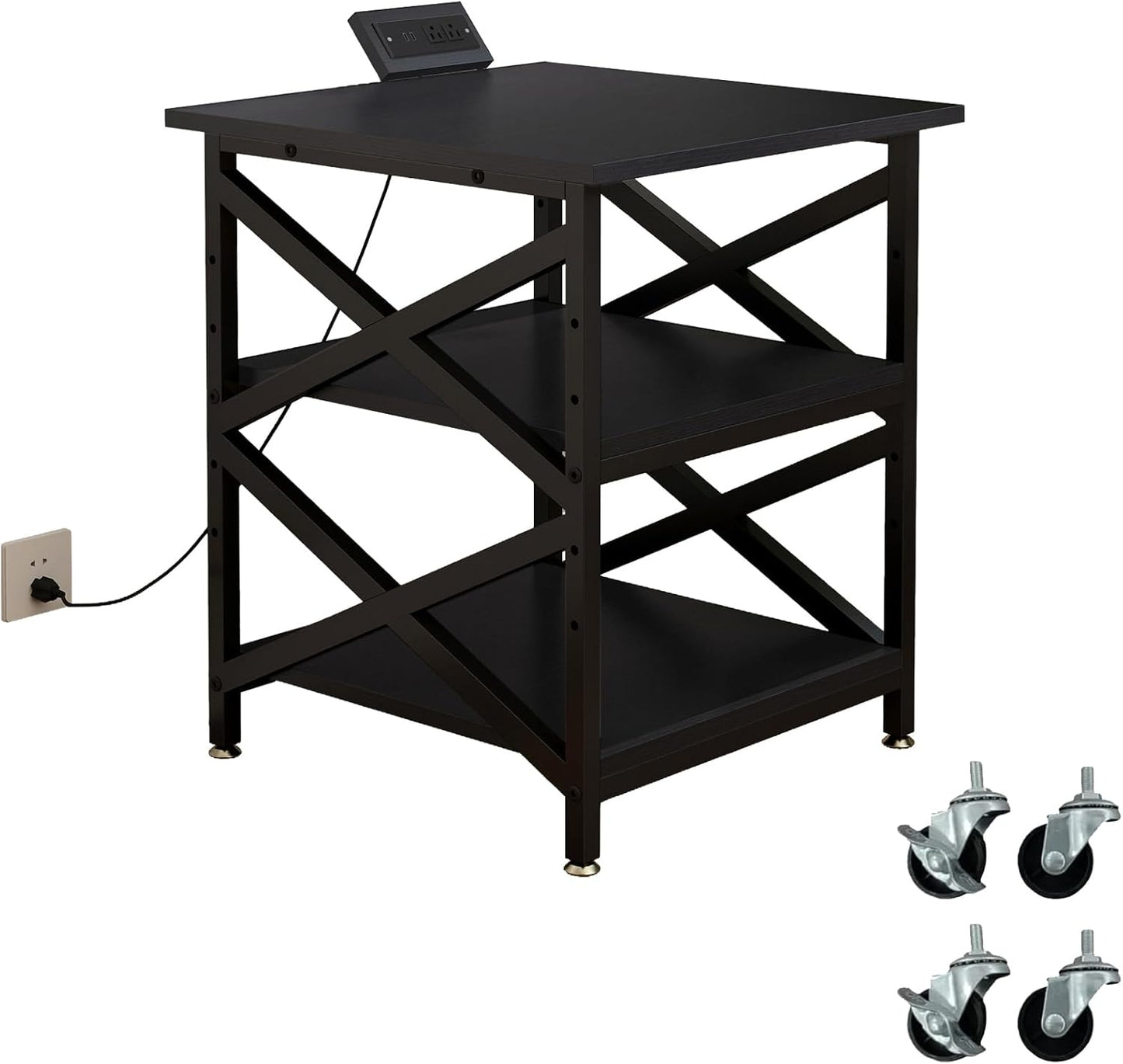 Large Printer Stand with Power Outlet, with Height Adjustable Storage Shelf, 3 Tier Rolling Printer Cart with Industrial Wheels, 23.6 x 23.6 Inches Printer Table for Home Office,Black