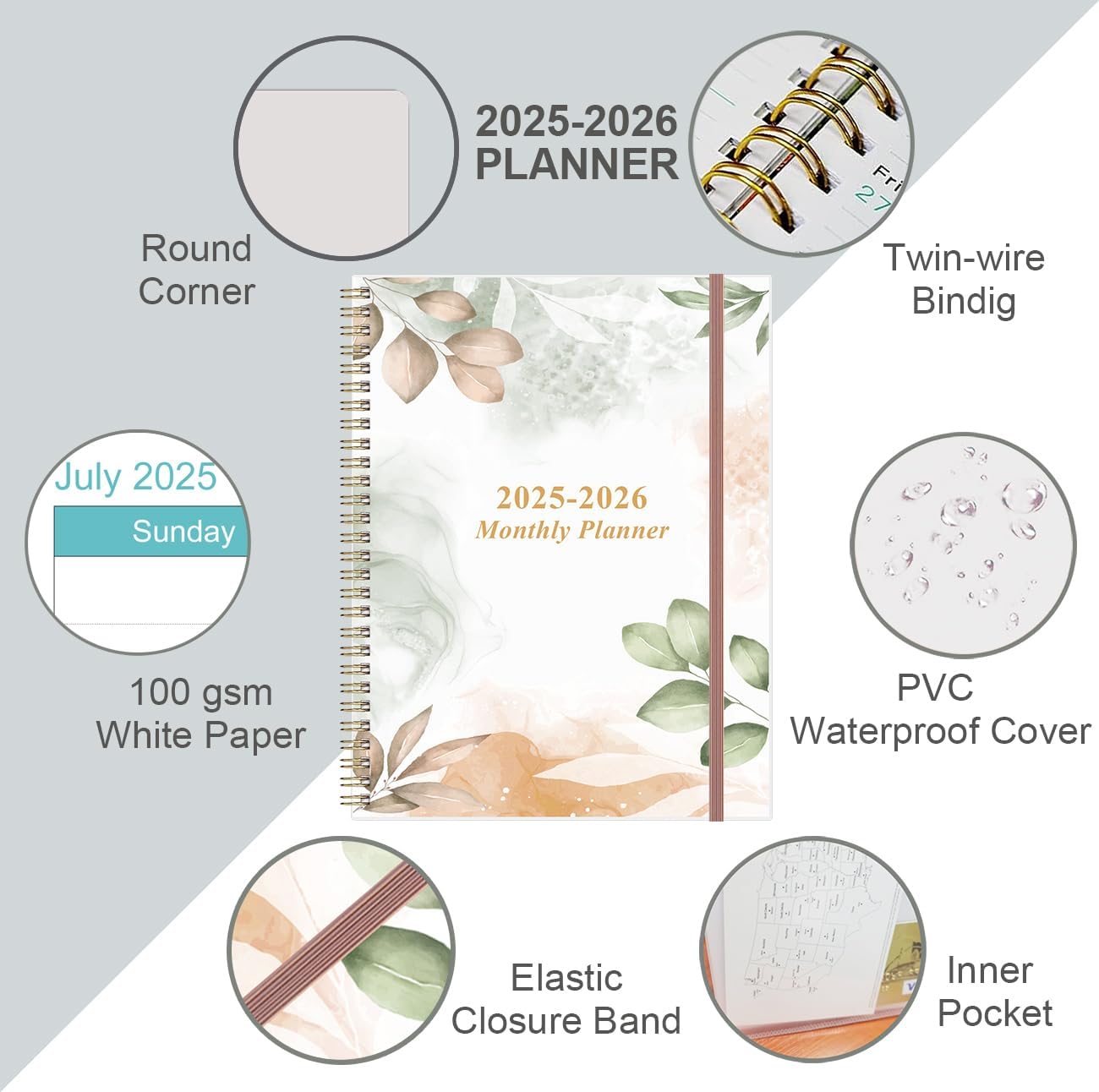 2025-2026 Monthly Planner - 18 Monthly Calendar, July 2025 - December 2026, Two Pages Per Month, 9" x11" Planner with Tabs, Inner Pocket, Rose Leaf