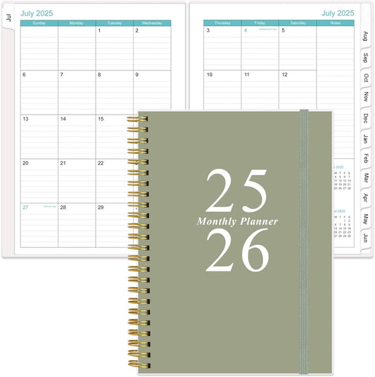 2025-2026 Monthly Planner - July 2025 - December 2026, Two Pages Per Month, 18 Monthly Calendar/Planner with Tabs, Strong Twin-Wire Binding, Inner Pocket, 6.4" x 8.5", Green